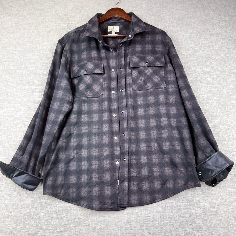 Scott James Mens XL Black Shadow Plaid Button Down Shirt Faux Leather Trim